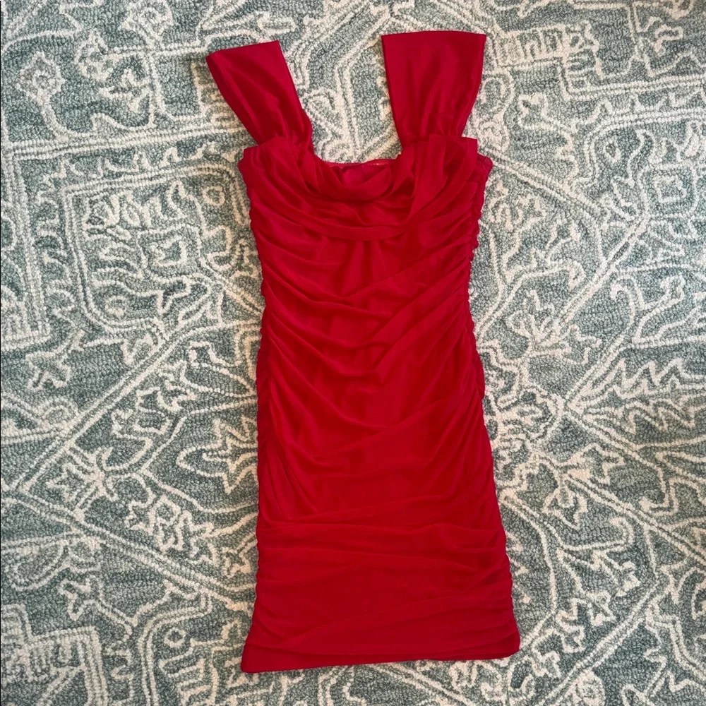 Fitted Red Ruched Mini Dress - Picture 6 of 15